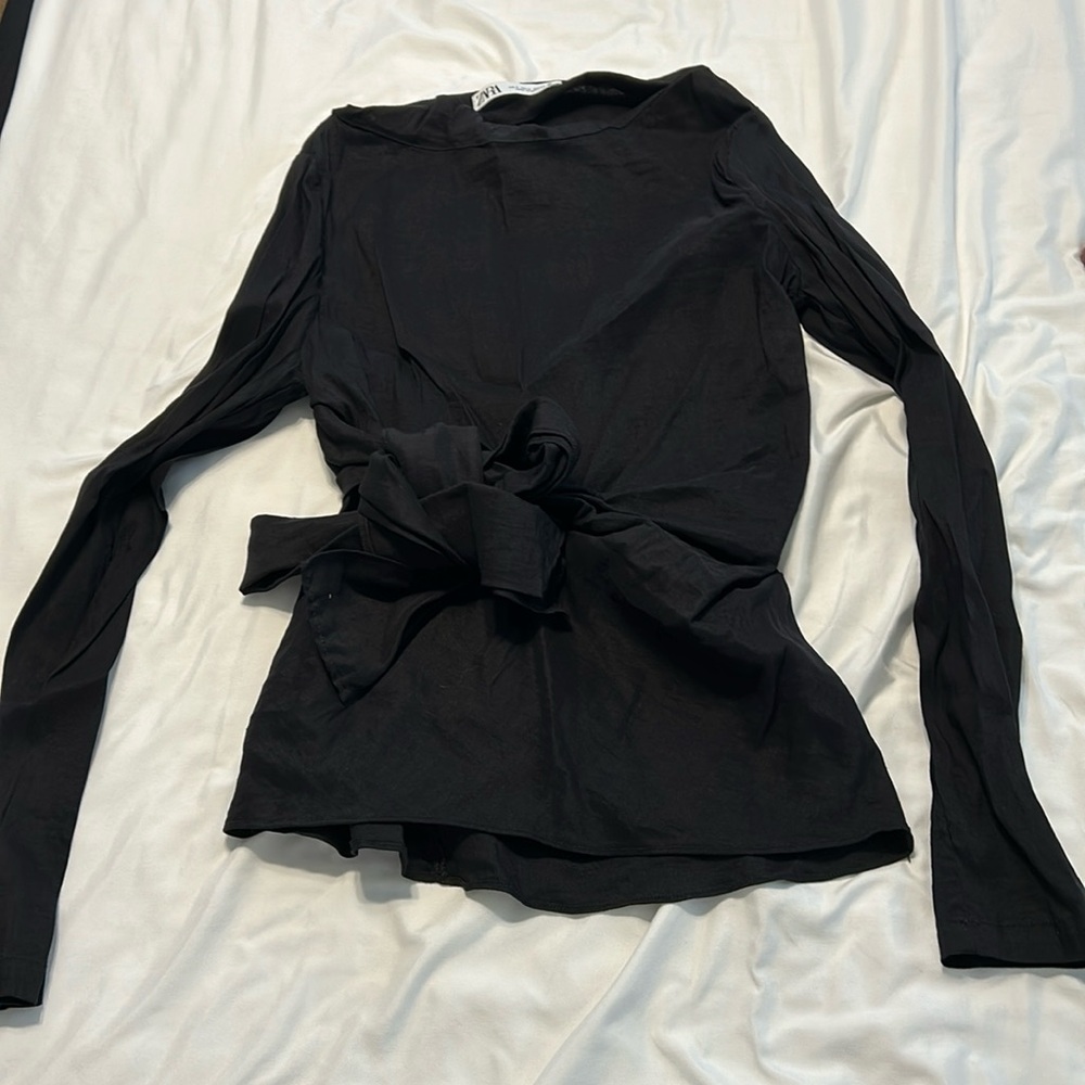 Zara Black Blouse with front wrap/bow